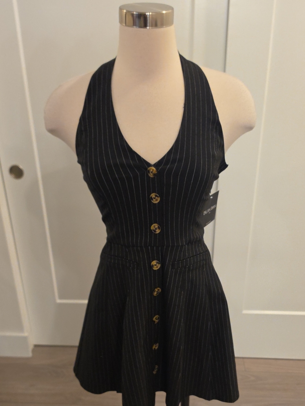 Dylan Ryan women’s Black Pinstripe Halter Button-Front Mini Dress size XS NWTS